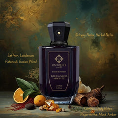 Unique'e Luxury Woud & Mood Absolute Extrait de Parfum 100ml glass bottle with elegant design and fragrance label.