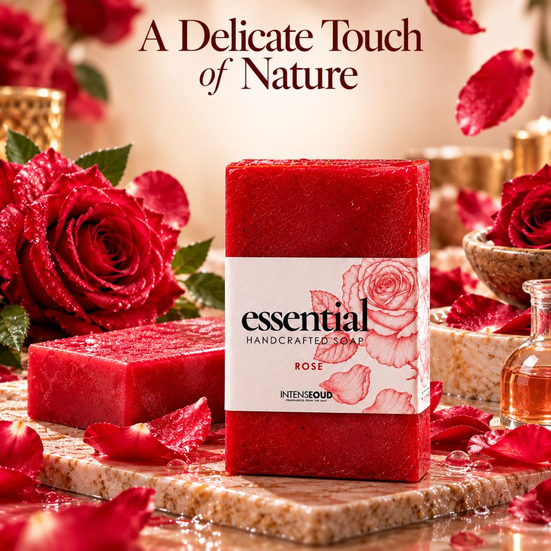 Set of five Intense Oud handmade soaps including Chameli, Vanilla, Rose, Naranji, and Ocean, each 150g in a colorful collection.