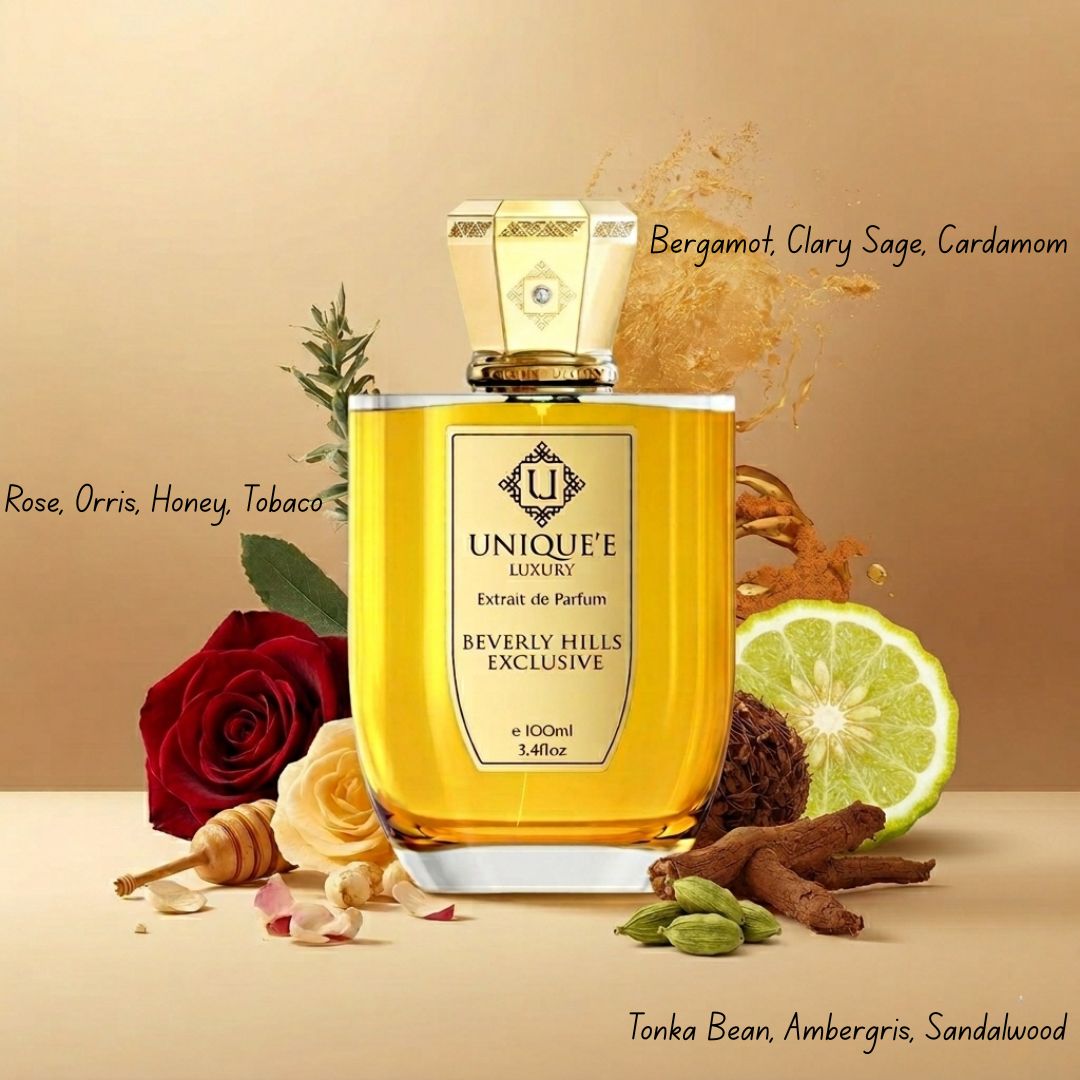 Beverly Hills Exclusive Extrait de Parfum by Unique'e Luxury 100ml EDP bottle with elegant packaging and gold accents.