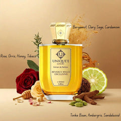 Beverly Hills Exclusive Extrait de Parfum by Unique'e Luxury 100ml EDP bottle with elegant packaging and gold accents.