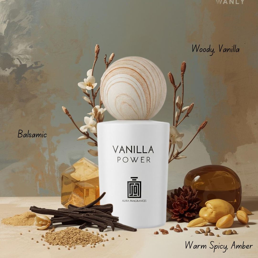 Aura Fragrances Vanilla Power Eau De Parfum spray bottle, 100ml, with elegant packaging and a vanilla-scented fragrance display