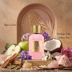 Qissa Pink Eau de Parfum spray by Paris Corner, 100ml bottle, elegant packaging with pink accents and floral design.