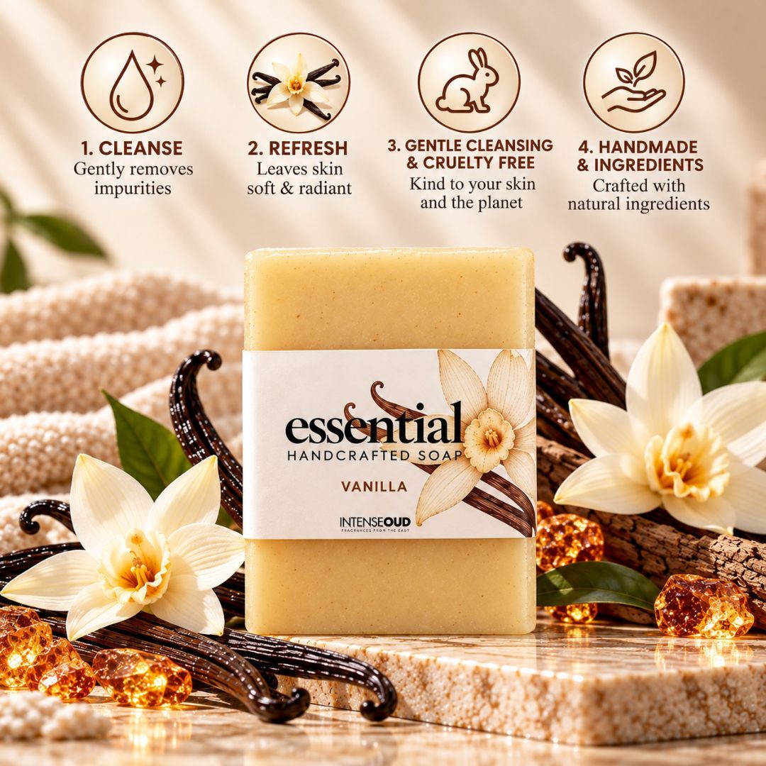 Handmade vanilla soap by Intense Oud with creamy texture and vanilla scent, displayed in a close-up shot.