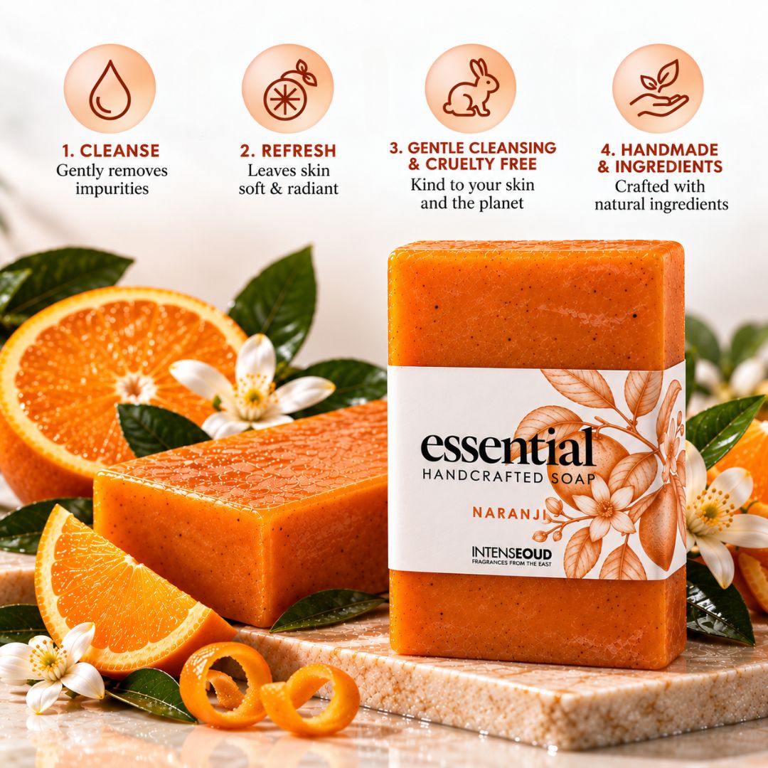 Naranji Handmade Soap by Intense Oud, 150g, featuring a natural soap bar with a textured surface and elegant packaging.