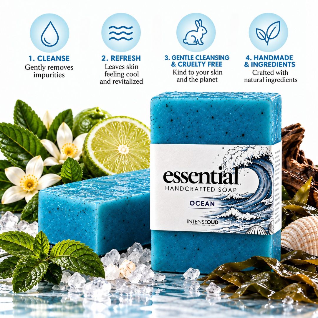 Ocean Handmade Soap by Intense Oud, 150g, featuring a natural soap bar with ocean-inspired design and branding details.