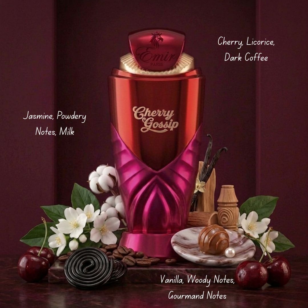 Cherry Gossip Eau de Parfum Spray by Paris Corner, 100ml, elegant glass bottle with cherry-themed design.