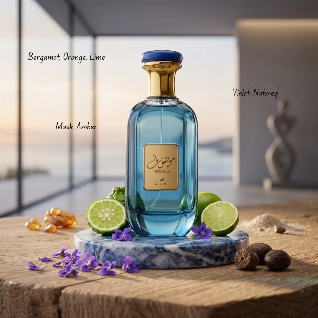 Mousaf Azure Eau de Parfum spray by Ard Al Zaafaran, 100ml bottle with elegant design, showcasing the perfume's sleek packaging.