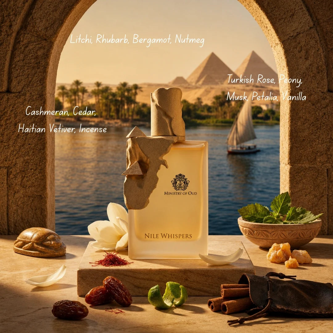 Paris Corner Nile Whispers Eau de Parfum spray bottle, 100ml, featuring elegant packaging and a luxurious Oud fragrance.