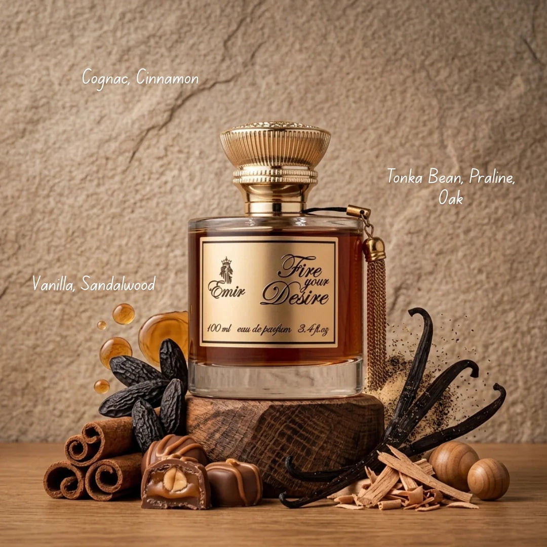 Fire Your Desire Emir Eau de Parfum spray by Paris Corner, 100ml, featuring elegant bottle design and floral, spicy fragrance details.