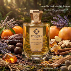 Unique'e Luxury Chocolate Makes Me Happy EDP Extrait de Parfum spray bottle, 100ml, with elegant packaging and dark chocolate scent