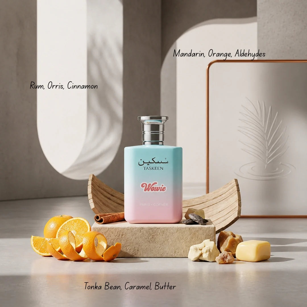 Taskeen Wowie Eau de Parfum spray by Paris Corner, 100ml bottle with elegant packaging and floral and citrus scent details.