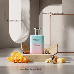 Taskeen Wowie Eau de Parfum spray by Paris Corner, 100ml bottle with elegant packaging and floral and citrus scent details.