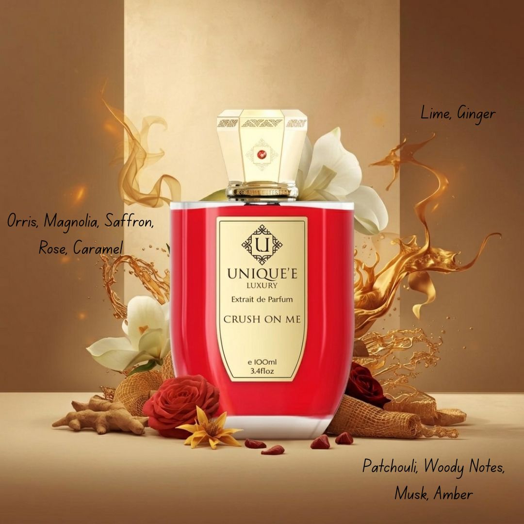 Unique'e Luxury Crush On Me Extrait de Parfum 100ml bottle, elegant glass container with black cap, showcasing luxury EDP fragrance.