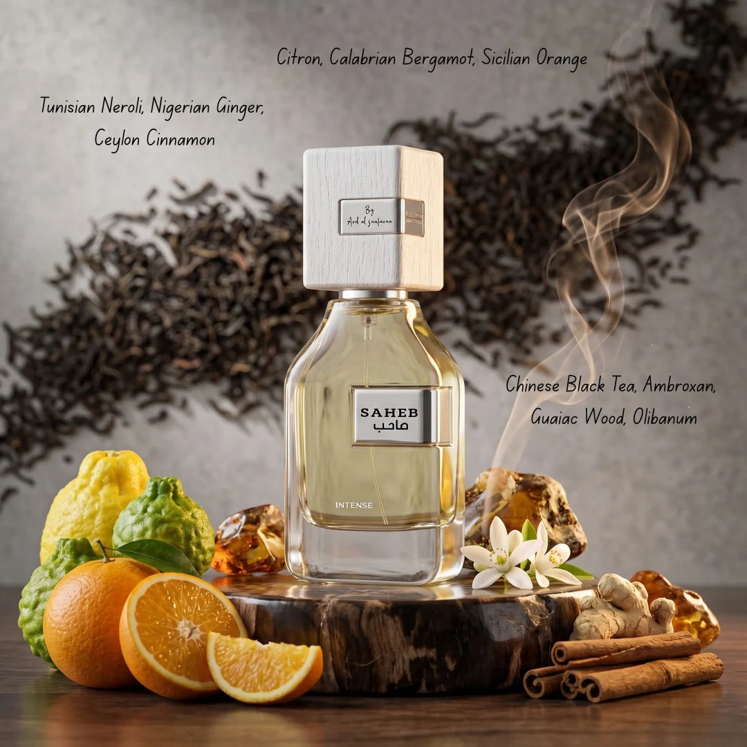 Saheb Intense Eau de Parfum spray by Ard Al Zaafaran, 100ml, featuring a sleek bottle and elegant fragrance design.