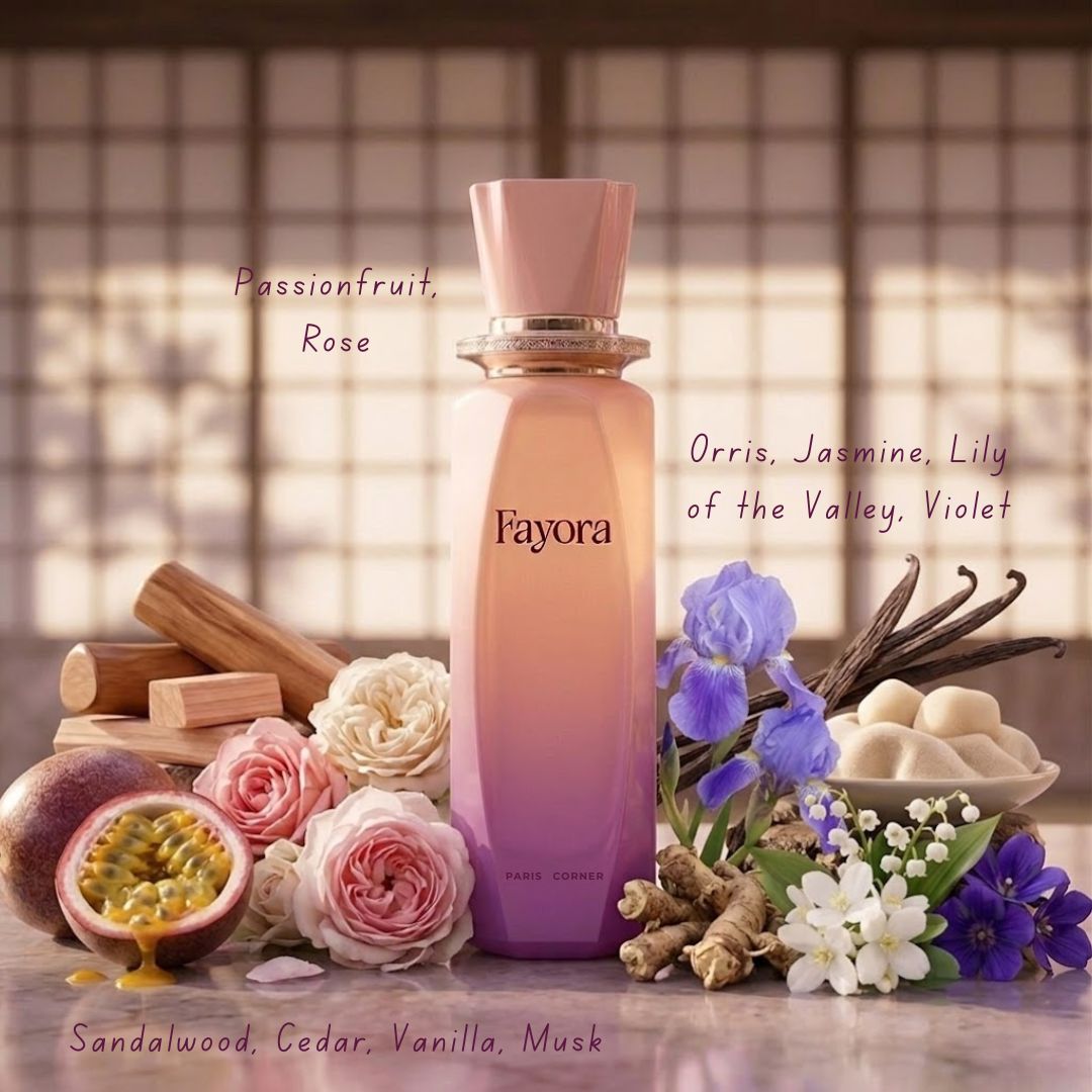 Fayora Eau de Parfum Spray by Paris Corner, 100ml, featuring a sleek glass bottle with a silver cap and elegant fragrance design.