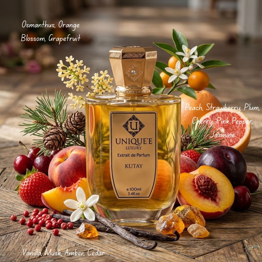 Unique'e Luxury Kutay Extrait de Parfum Spray 100ml, elegant glass bottle of EDP perfume with a sleek design.