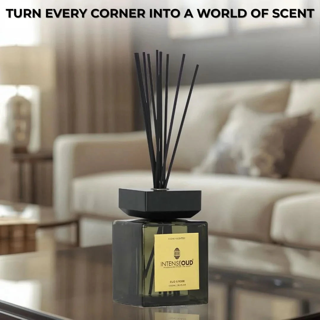 INTENSE OUD Reed Diffuser, Oud Rose – 1000ml (35.1 oz) – Fragrance for Up to 90 Days – Reusable, Refillable Glass Holder, Includes 6 All-Natural Reed Sticks - Intense Oud