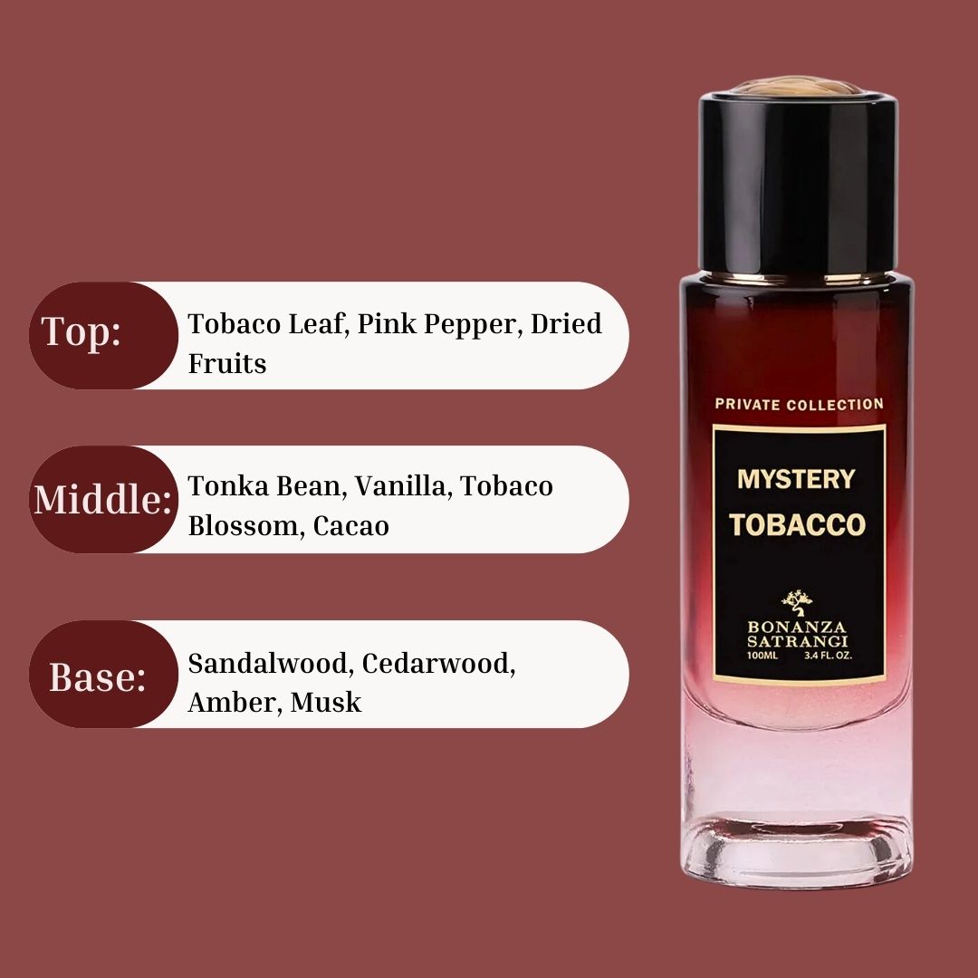 Mystery Tobaco EDP Spray 100ML (3.4 OZ) by Bonanza Satrangi | Long Lasting, Bold, Opulent, Woody, Luxurious Fragrances.