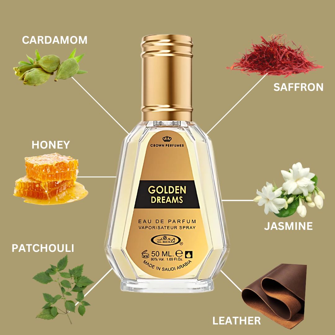 Golden Dreams Eau De Parfum Spray 50ML (1.7 OZ) By Al Rehab | A Bold Fusion of Spice, Sweetness & Warmth.