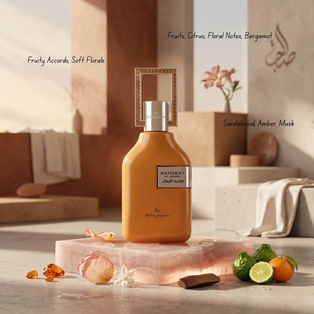 Sahebat Al Jamal Eau de Parfum spray by Ard Al Zaafaran, 100ml bottle with elegant design and floral fragrance.