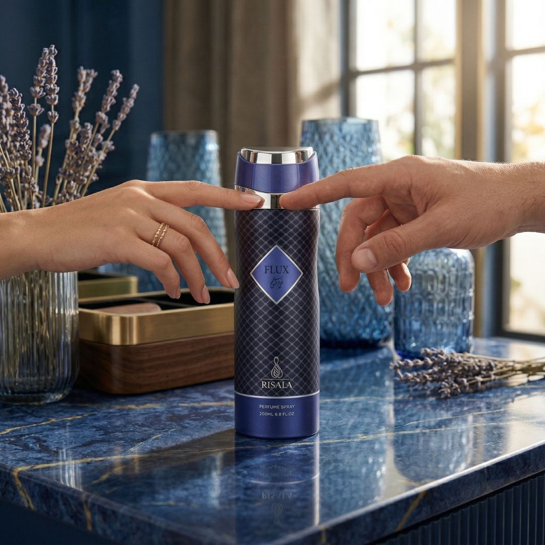 Elite Risala Flux Body Spray 200ml deodorant bottle with sleek design and silver cap, displayed on a white background.