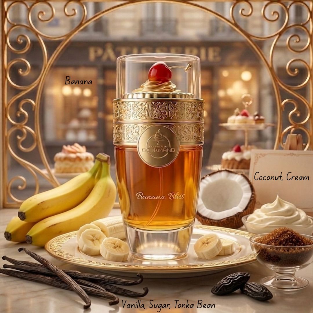 Banana Bliss Eau de Parfum spray by Paris Corner, 100ml bottle, with a sleek and elegant perfume bottle design.