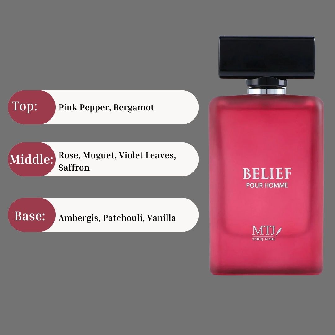 Belief Pour Homme EDP Spray 100ML (3.4 OZ) by MTJ | Long Lasting Blend of Floral Elegance, Exotic Spices & Sensual Warmth.