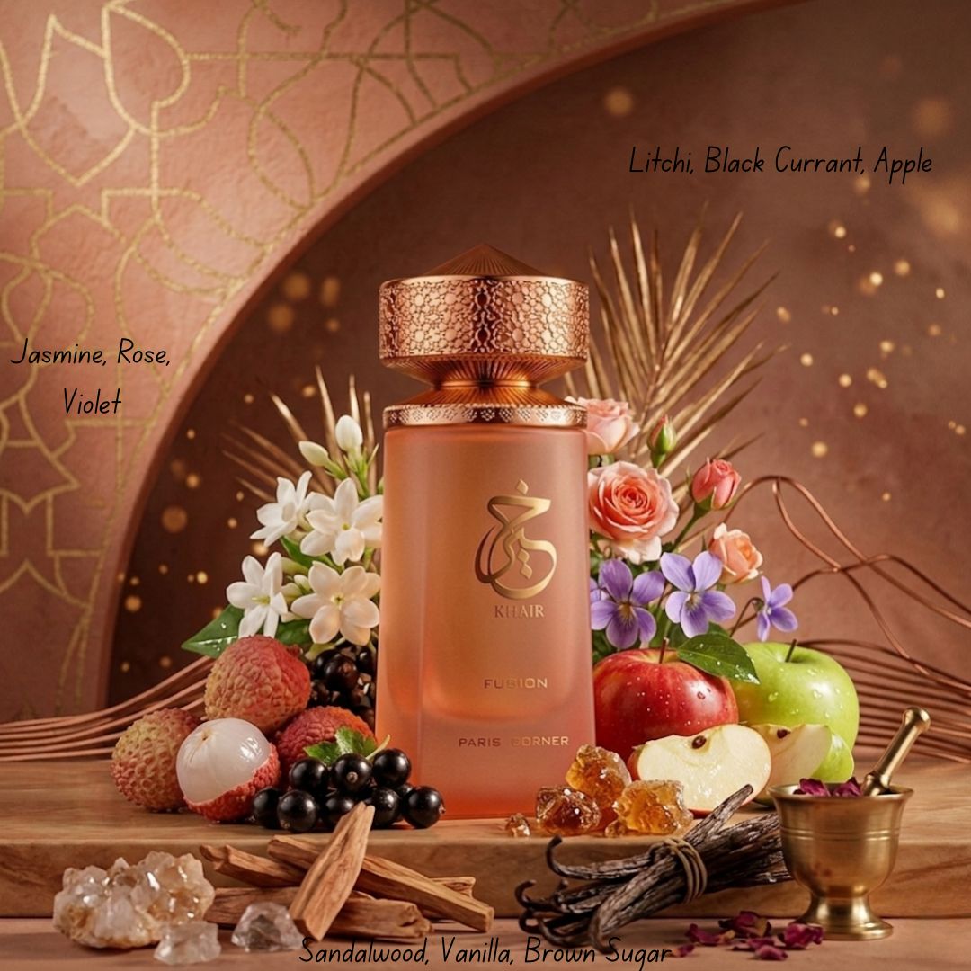 Paris Corner Khair Fusion Eau de Parfum spray 100ml bottle with elegant packaging, showcasing the perfume's luxurious design.