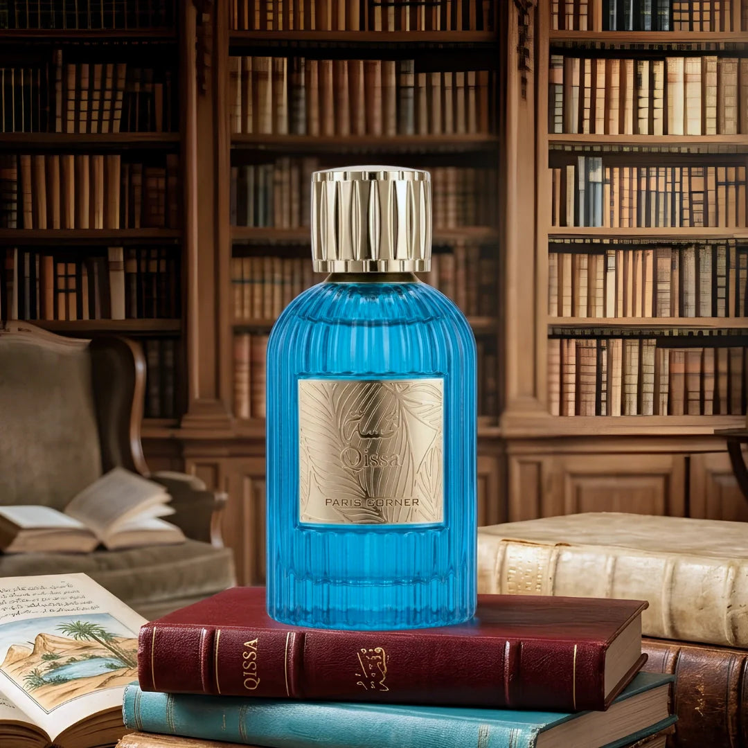 Qissa Blue Eau de Parfum spray by Paris Corner, 100ml bottle with sleek blue design and elegant cap.