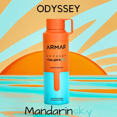 Odyssey Mandarin Sky limited edition deodorant spray by Armaf, 200ml bottle with vibrant packaging and Mandarin Sky branding.