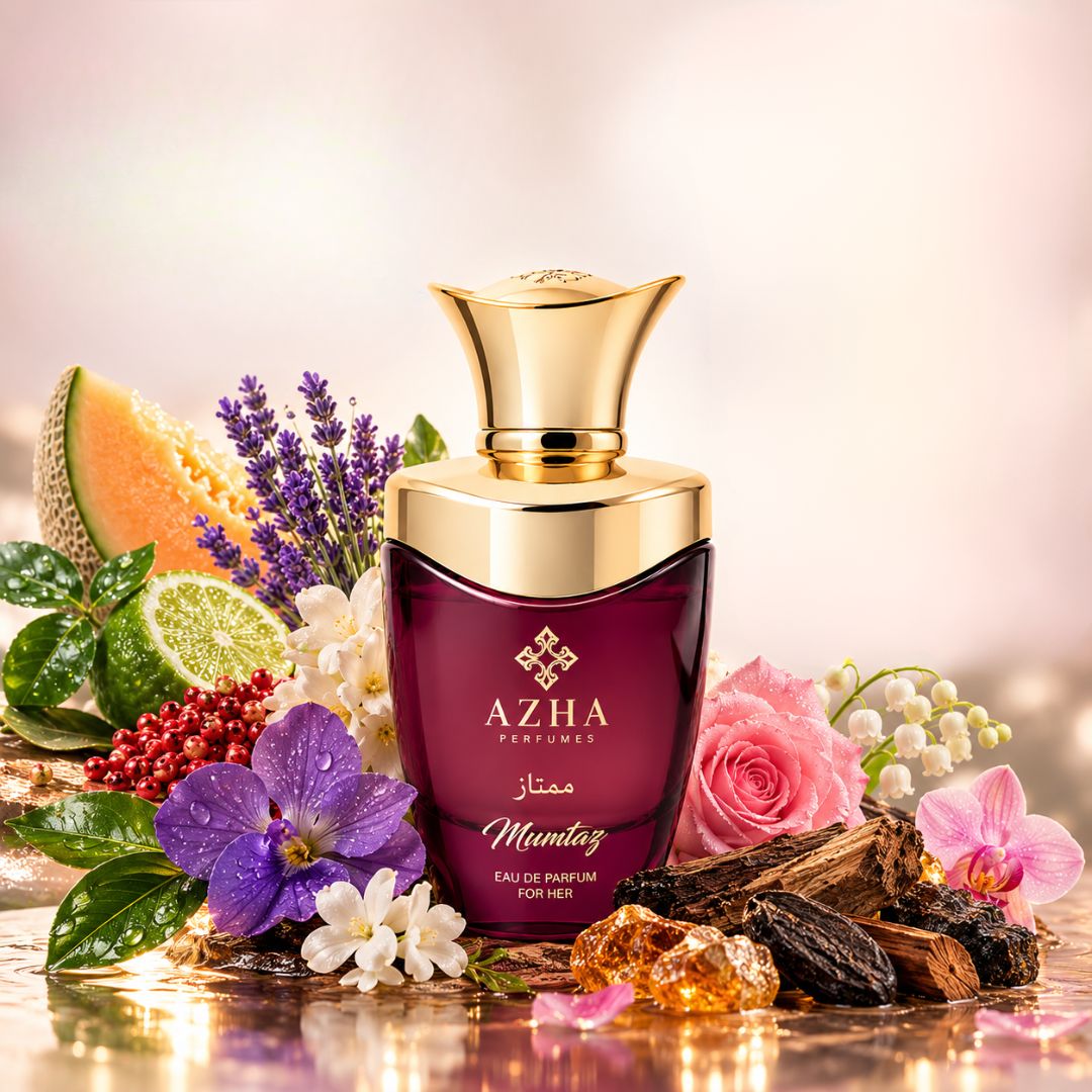 Azha Mumtaz Eau de Parfum Spray 100ml with elegant bottle, luxurious fragrance, showcasing the Azha perfume brand.
