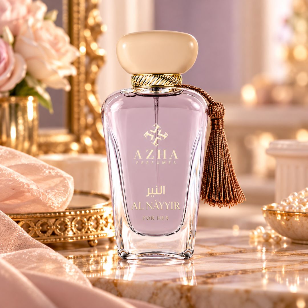 Al Nayyir Eau de Parfum spray by AZHA, 100ml bottle, elegant design, showcasing the perfume's luxurious packaging.
