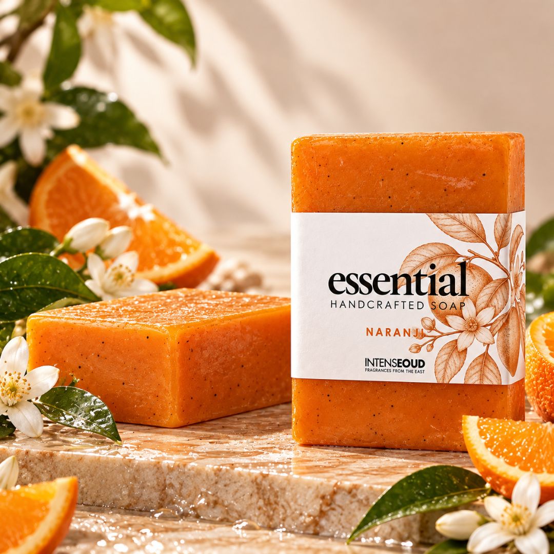 Handmade Naranji soap by Intense Oud in a 150g bar with orange and natural soap textures visible.