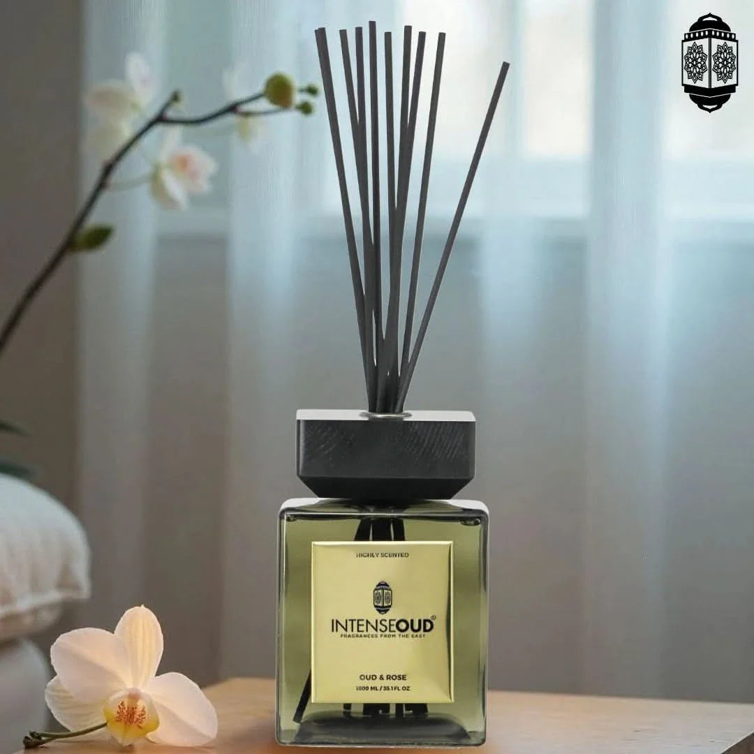 INTENSE OUD Reed Diffuser, Oud Rose – 1000ml (35.1 oz) – Fragrance for Up to 90 Days – Reusable, Refillable Glass Holder, Includes 6 All-Natural Reed Sticks - Intense Oud