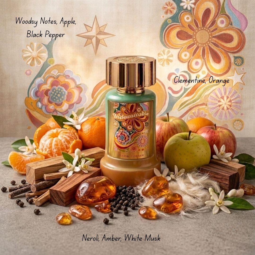 Indomitable Eau de Parfum Spray by Paris Corner, 100ml bottle, elegant fragrance bottle with a sleek design and distinctive cap.
