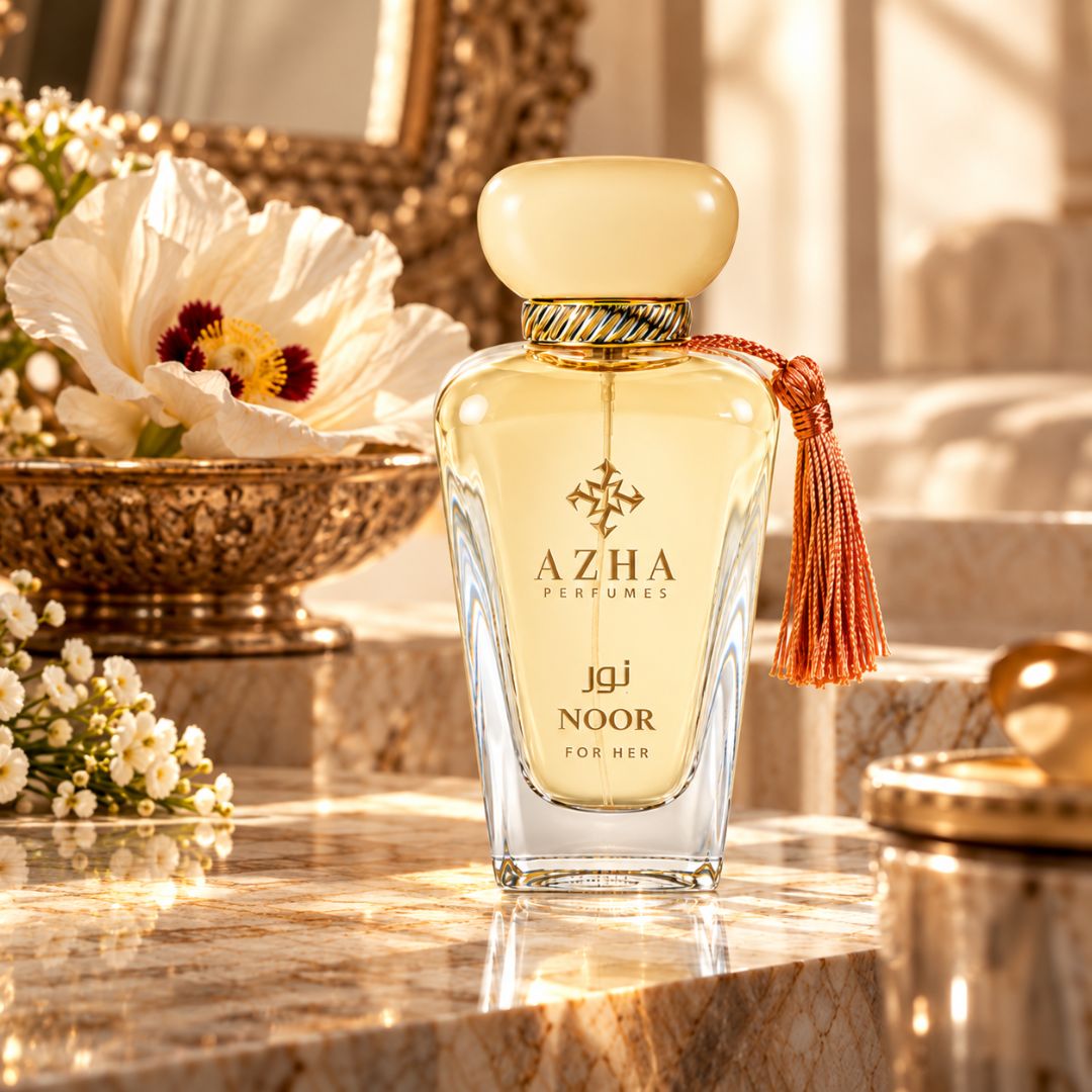 Azha Noor Eau de Parfum Spray 100ml, elegant glass bottle with gold accents, showcasing the luxurious fragrance design.