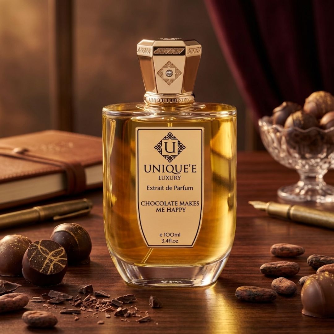 Unique'e Luxury Chocolate Makes Me Happy Extrait de Parfum Spray 100ml, elegant perfume bottle with chocolate-themed design.