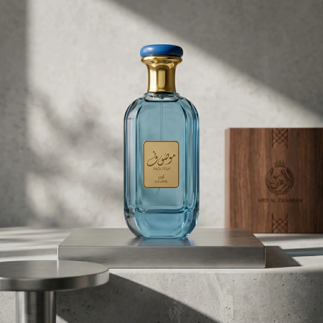Mousaf Azure Eau de Parfum spray by Ard Al Zaafaran, 100ml bottle, with sleek design and elegant fragrance display.
