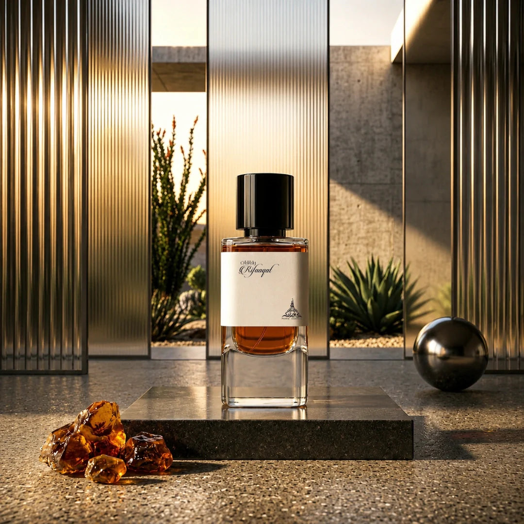 Rifaaqat Eau de Parfum spray by Paris Corner, 80ml, featuring a sleek glass bottle with a silver cap and elegant fragrance label.