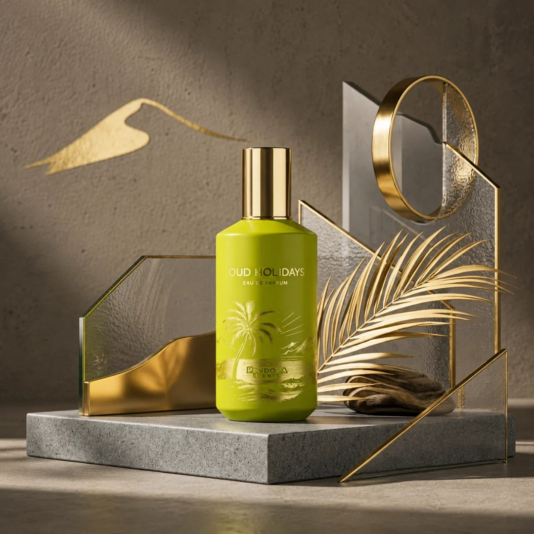 Paris Corner Oud Holidays Eau de Parfum spray 100ml bottle, elegant packaging with dark amber and gold accents.