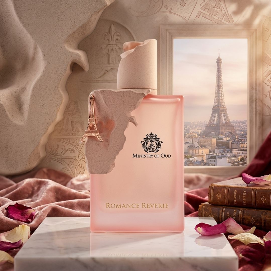 Paris Corner Ministry of Oud Romance Reverie Eau de Parfum spray 100ml with elegant bottle and floral design.
