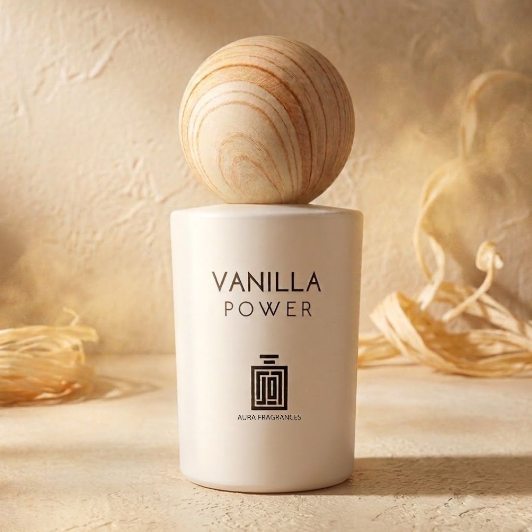Aura Fragrances Vanilla Power Eau De Parfum spray bottle, 100ml, with elegant packaging and a vanilla-scented fragrance.