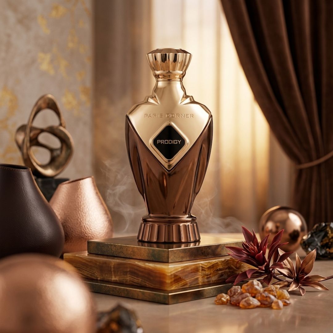 Prodigy Eau de Parfum Spray by Paris Corner, 100ml bottle, showcasing sleek packaging and elegant design.