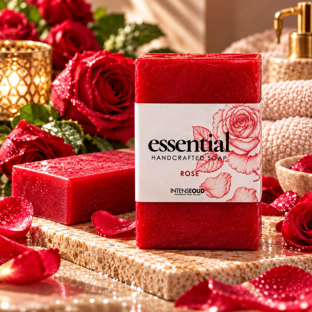 Handmade Rose Soap by Intense Oud, 150g, showcasing a floral soap bar with a delicate rose scent and elegant packaging.