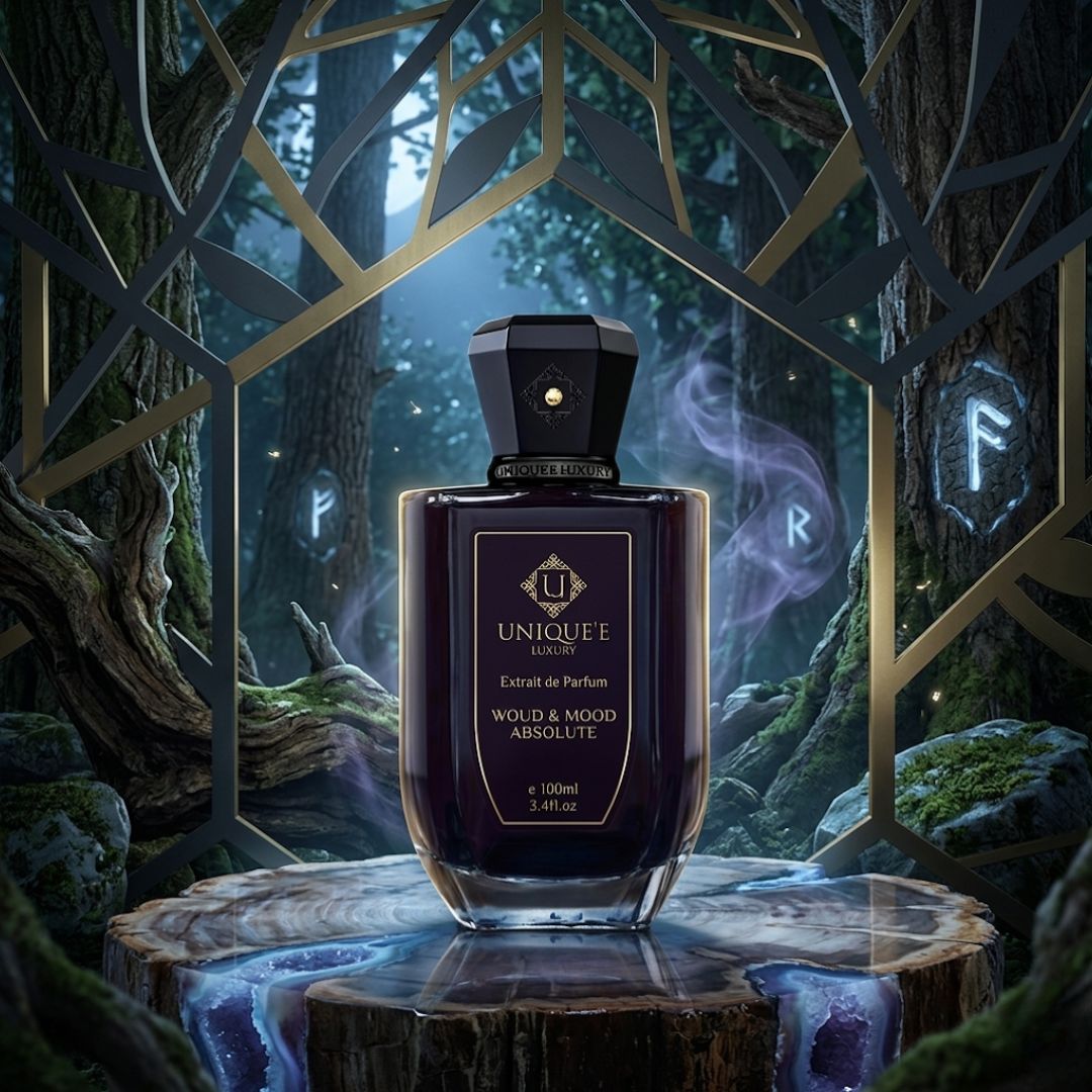 Unique'e Luxury Woud & Mood Absolute Extrait de Parfum 100ml bottle with elegant packaging, showcasing luxury EDP fragrance.