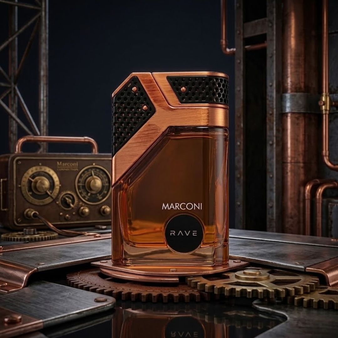 RAVE Marconi Eau de Parfum Spray 100ml bottle with sleek design and elegant packaging, showcasing the luxurious fragrance.