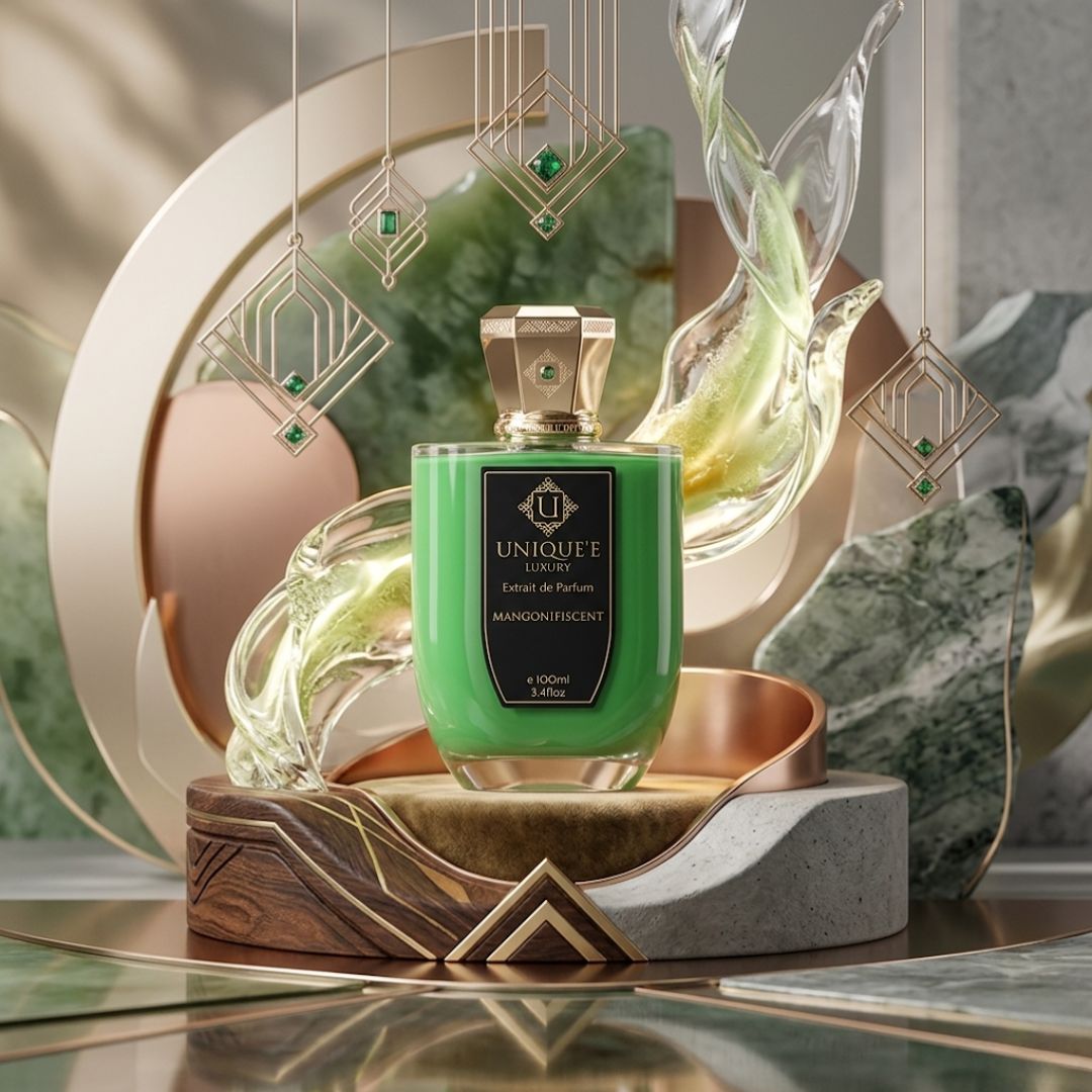 Unique'e Luxury Mangonifiscent Extrait de Parfum 100ml EDP bottle with elegant design and label detail.