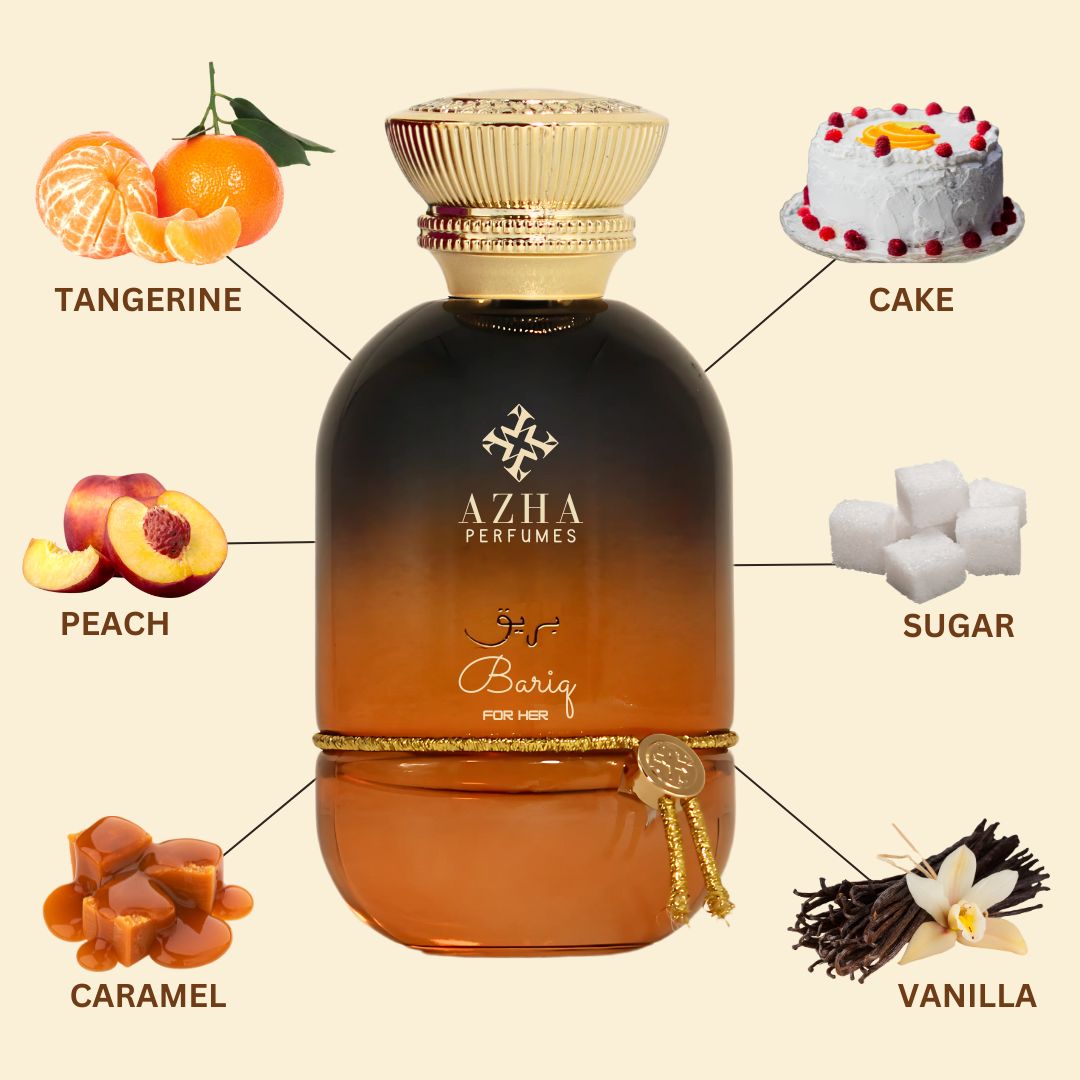 Bariq For Her Eau De Parfum Spray 100ML (3.4 OZ) by Azha | A Playful Fusion of Tangerine & Cake, Wrapped in Jasmine & Caramel Warmth.