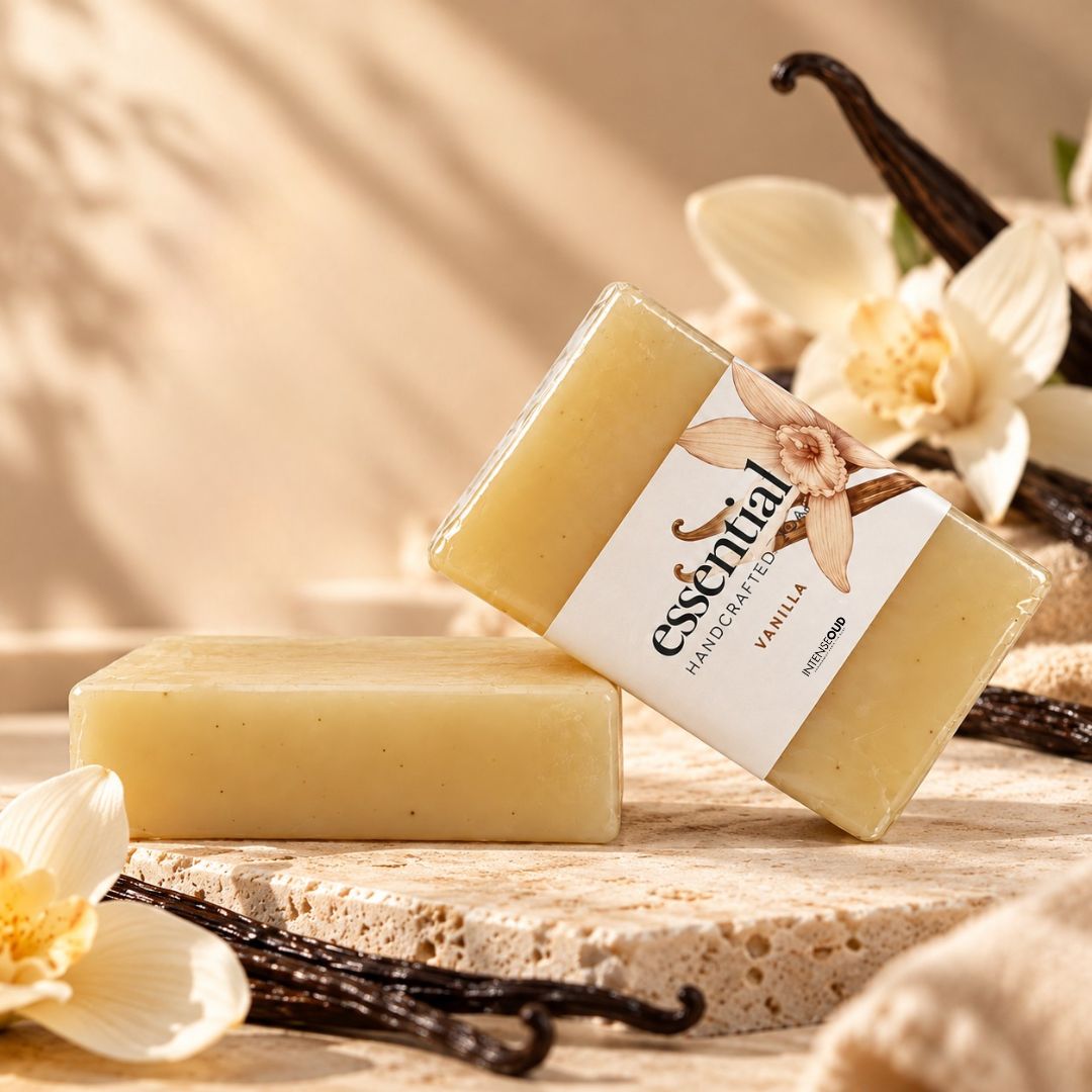 Vanilla handmade soap by Intense Oud, 150g, showing a creamy, natural soap bar with vanilla scent and smooth texture.