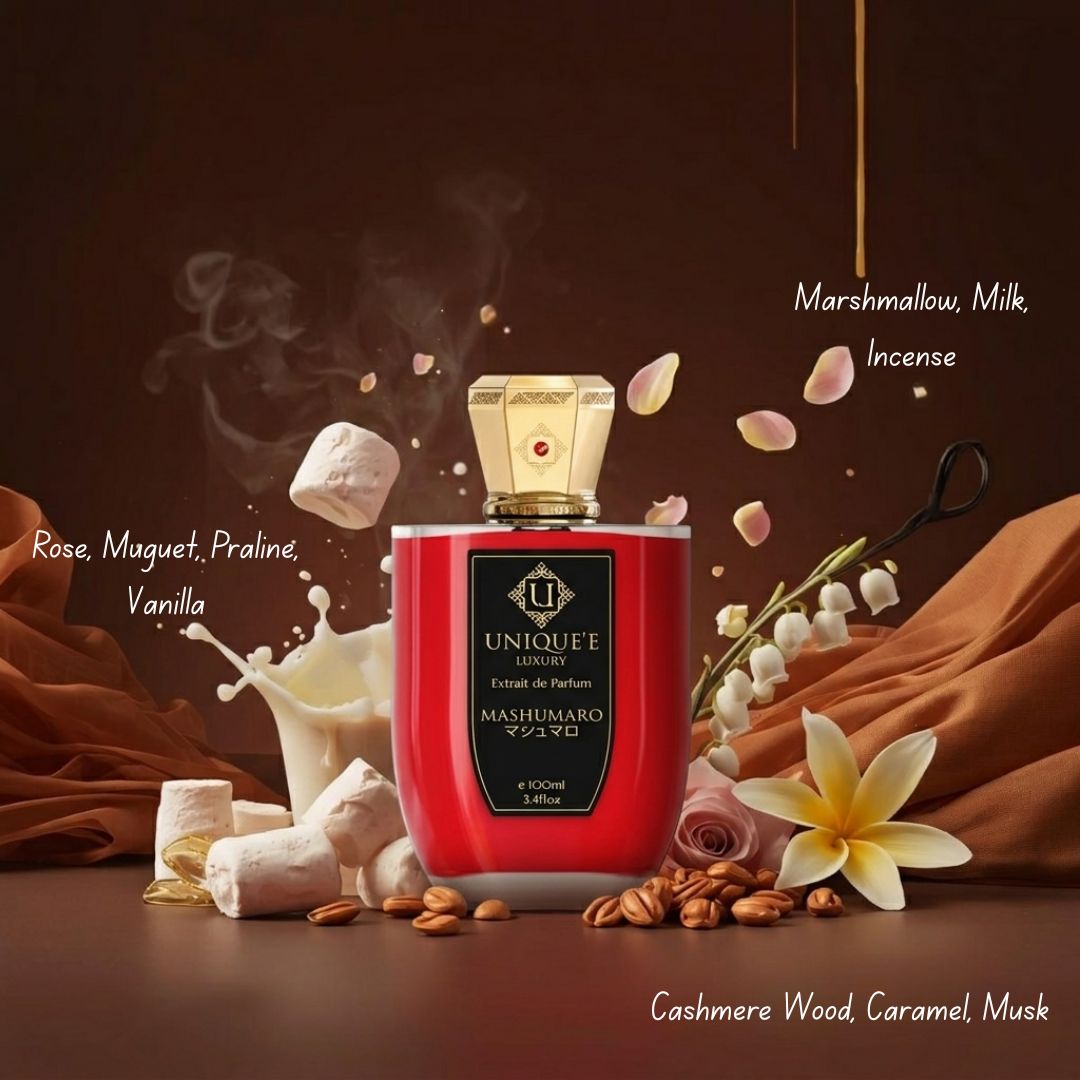 Unique'e Luxury Mashumaro Extrait de Parfum 100ml EDP bottle with elegant packaging and a luxurious fragrance display.